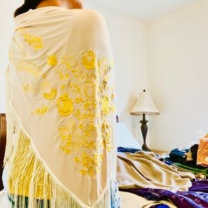 Tassled scarf tan with embroidery